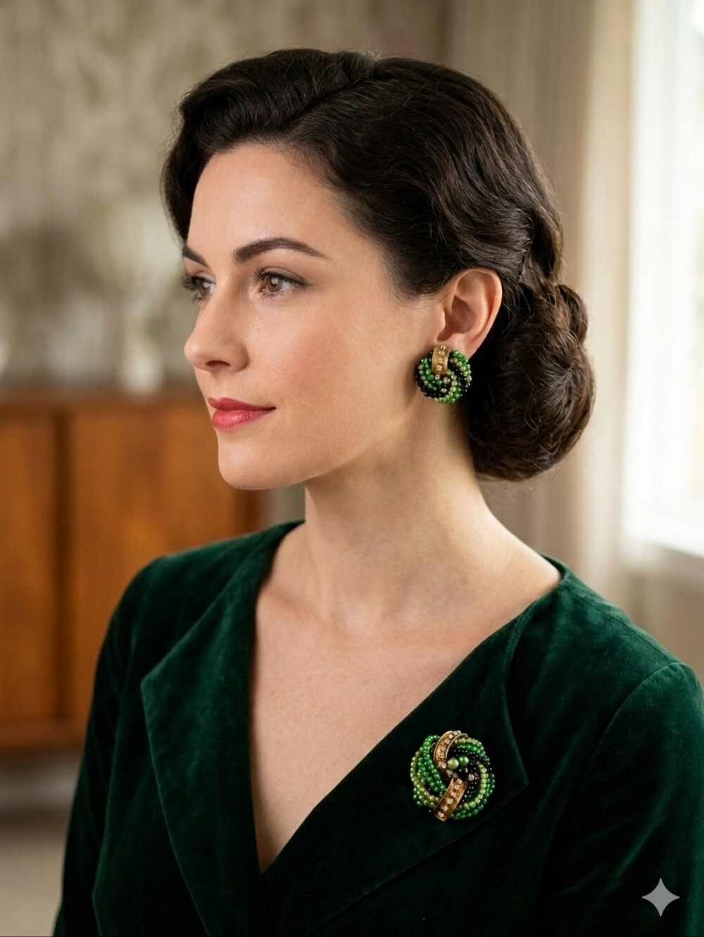 Vibrant Mid Century Green Beaded Pin-wheel Brooch and Earrings